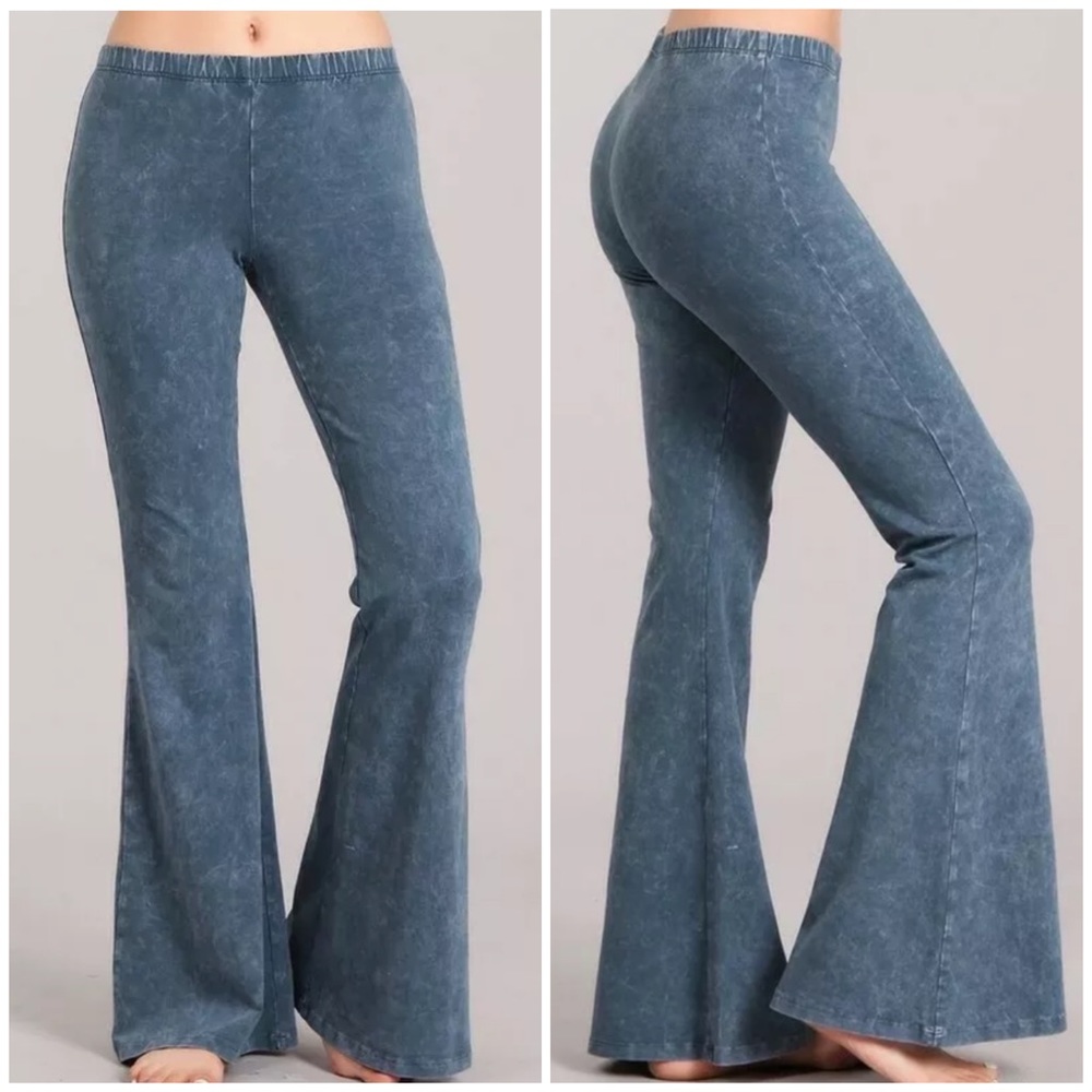 Steel Blue Mineral Wash Boho Flared Stretch Pants